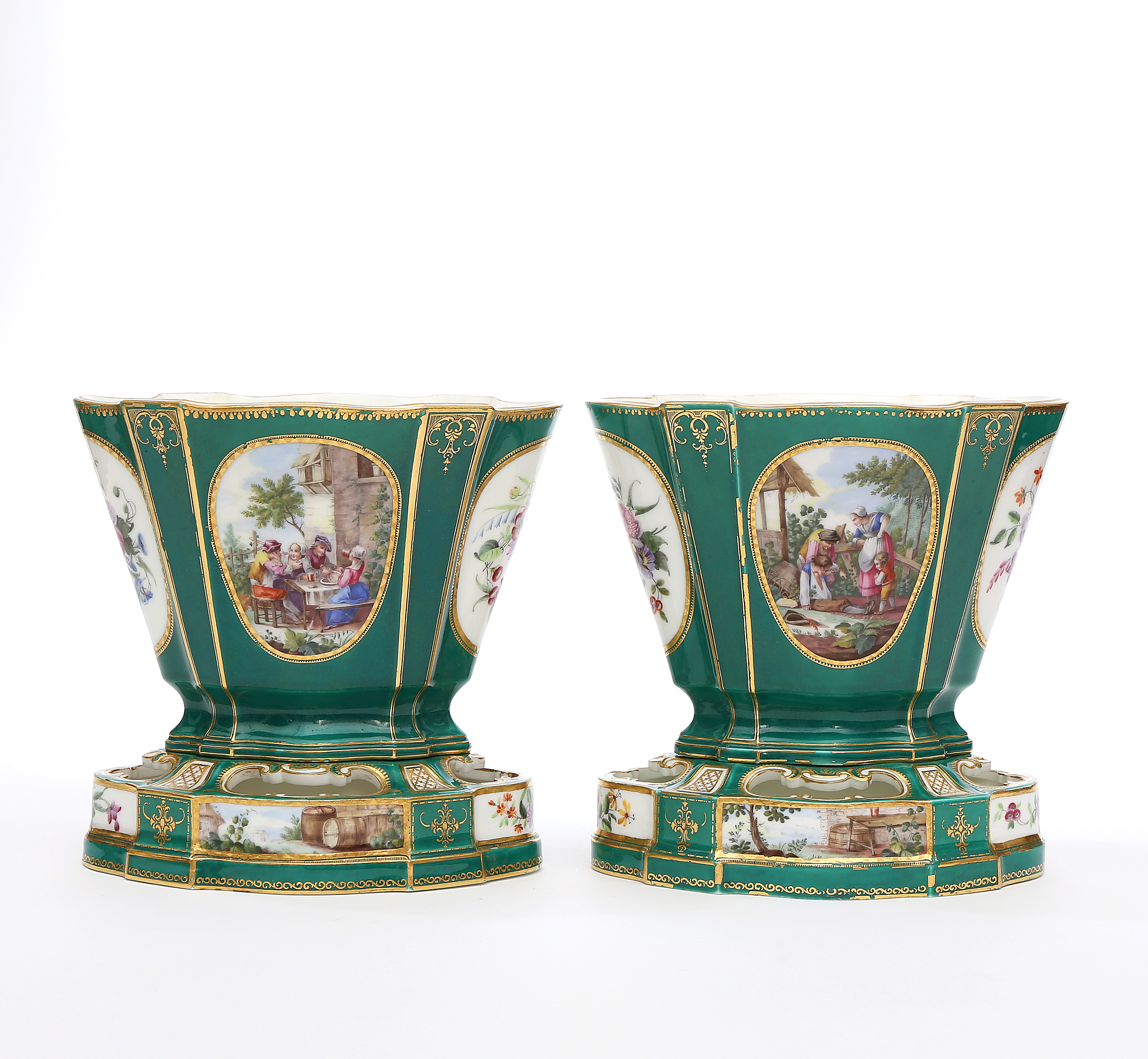 A Pair Sevres of Green-Ground Vases Hollandois