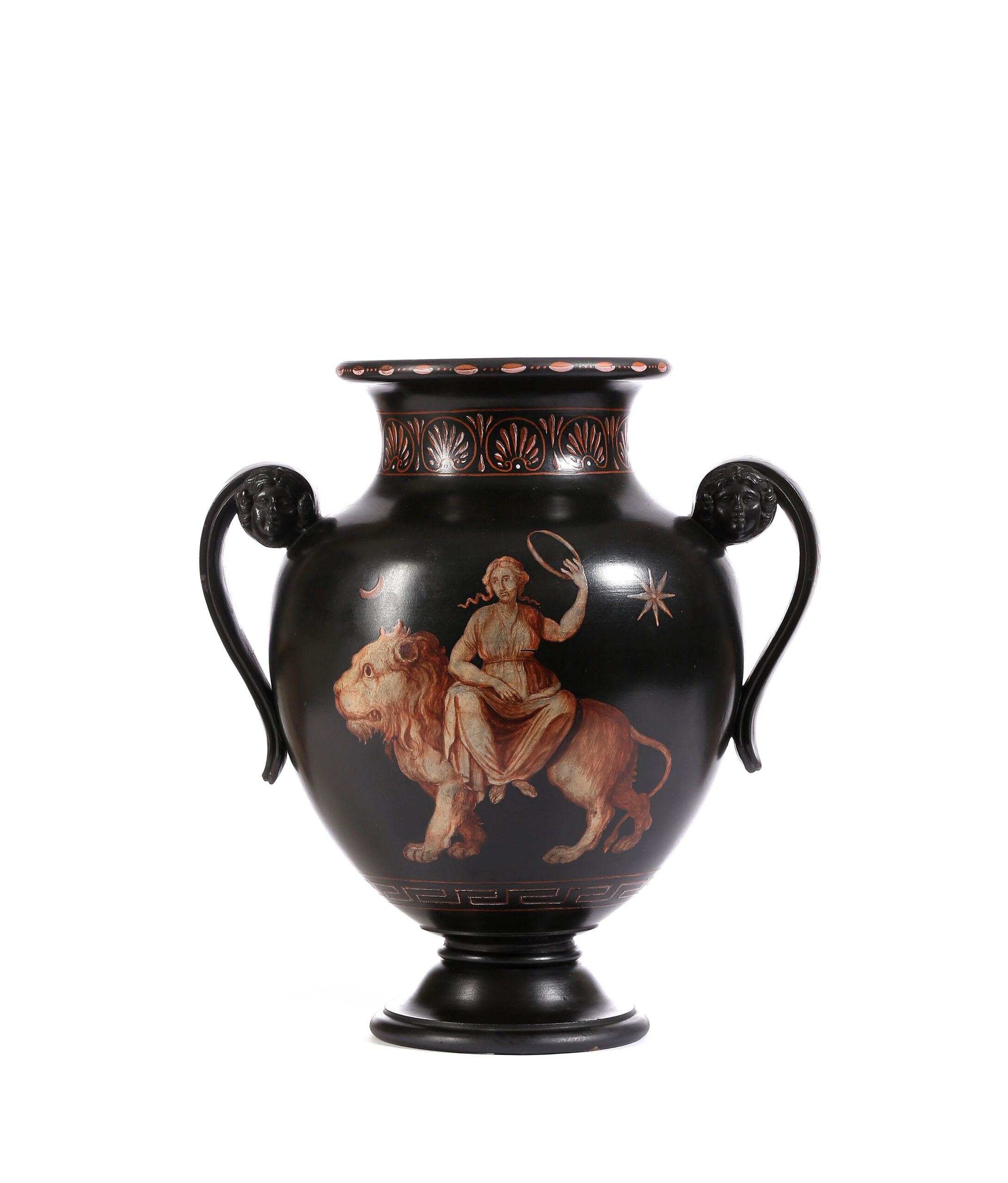 A WEDGWOOD AND BENTLEY BLACK BASALT  ‘ENCAUSTIC-DECORATED’ TWO-HANDLED VASE
